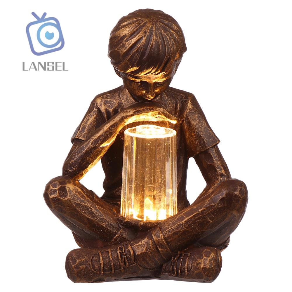 ❤LANSEL❤ Gifts Boy with Fireflies Holiday Ornament Glimpses of God Resin Garden Boy LED Light Vintage Artistic Statue Festival Decoration Garden Lights Statue Sculpture with Light