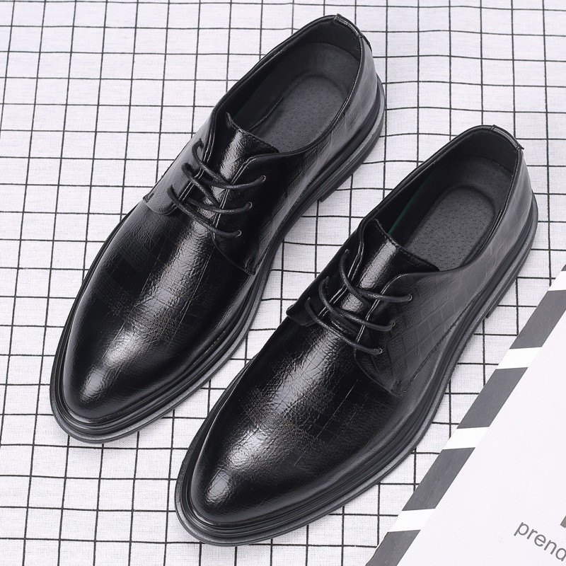 Ôn Châu giày chính thức mang thấp gót kinh doanh nam tất cả màu đen ren-up trang trọng chuyên nghiệp da mũi nhọn