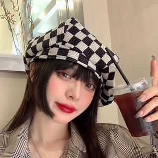 Nón Beret Họa Tiết Sọc Ca Rô Đen Trắng Cổ Điển Phong Cách Nhật Hàn Thời Trang Sành Điệu Cho Nữ