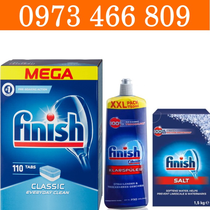 Combo Viên Finish 110 viên + Muối rửa bát Finish 1.5kg + Nước làm bóng finish 1150ml Finish.edu.vn