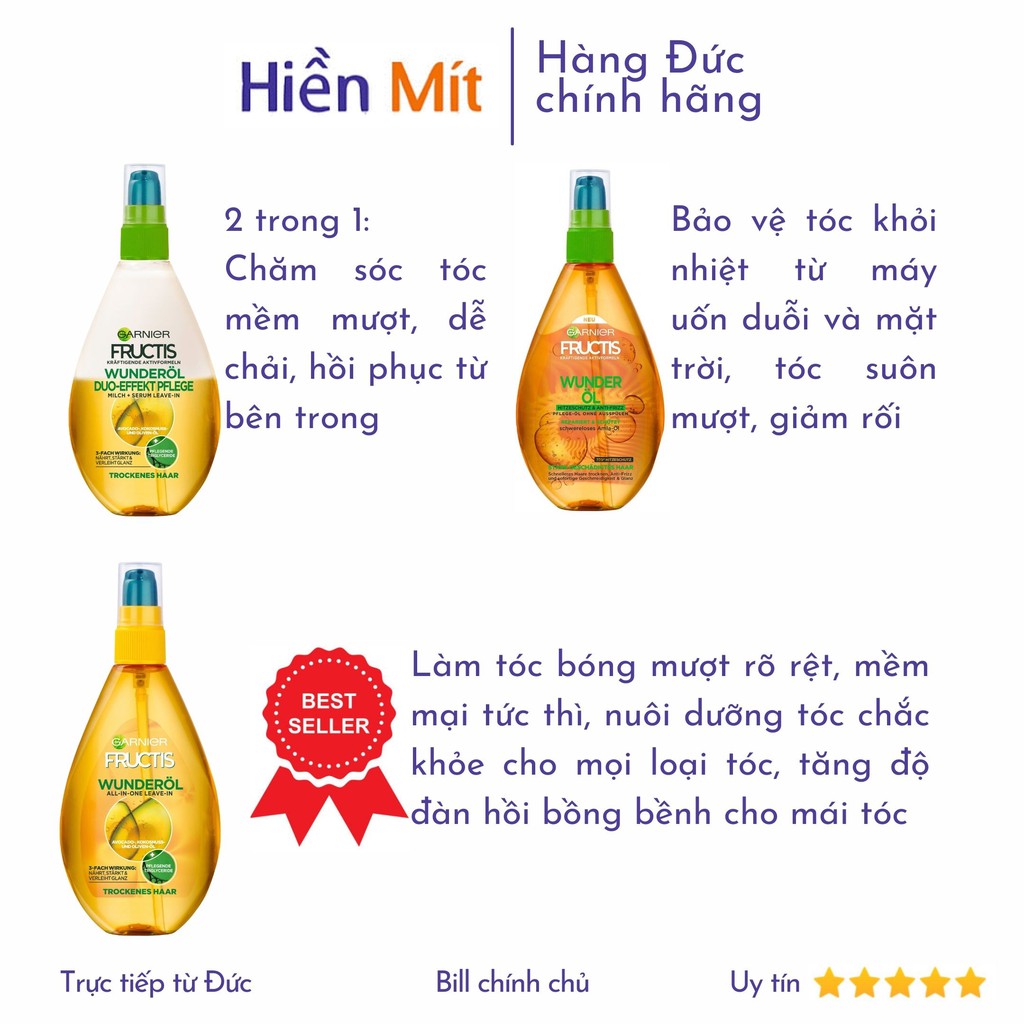 Đức-Dầu dưỡng tóc Fructis Garnier bóng mượt không bết dính Miraculous Oil Wunderol chống nhiệt giữ nếp