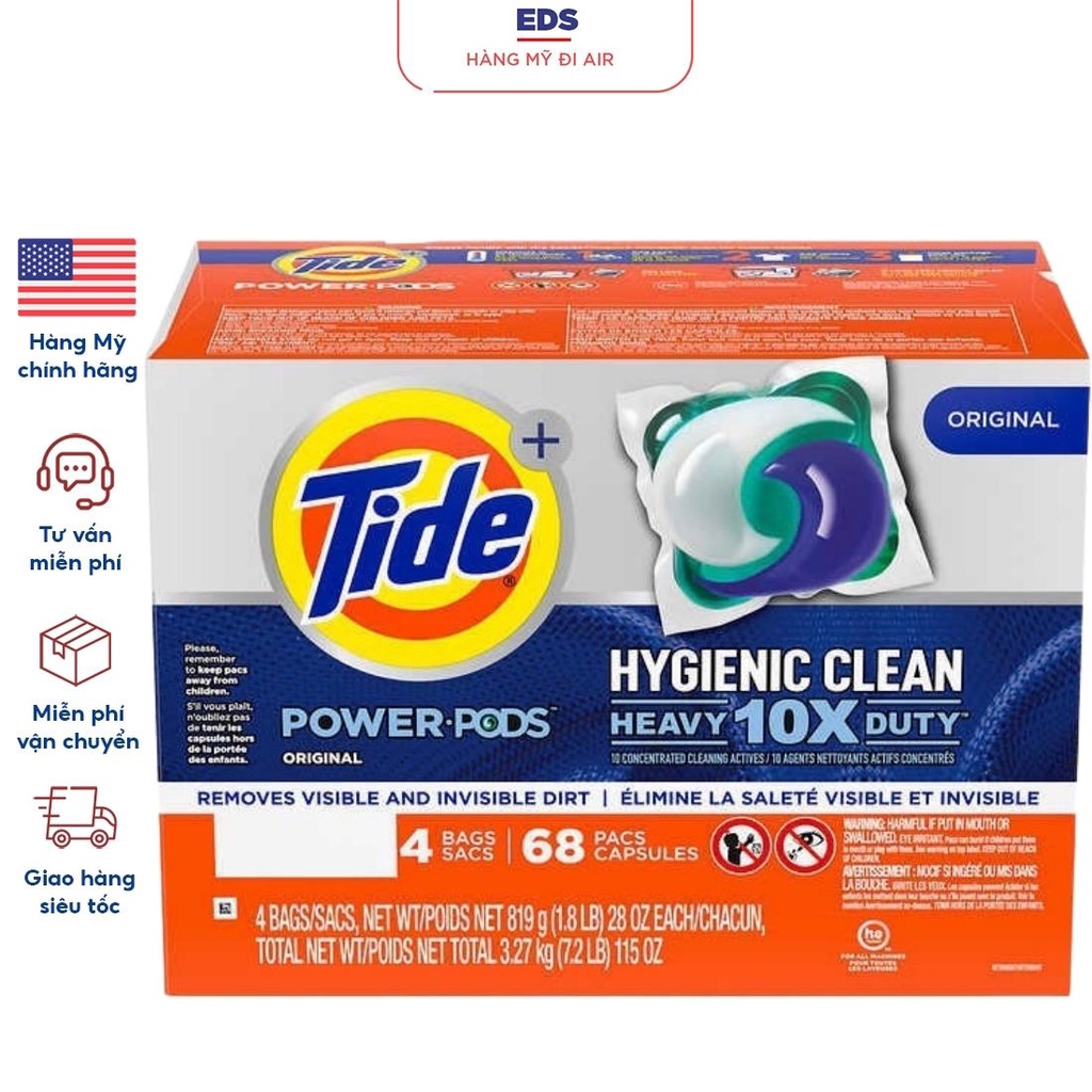 Viên giặt Tide Laundry Hygienic Clean Heavy 10X Duty Powder Pods bịch 17 viên của Mỹ - EDS Hàng Mỹ