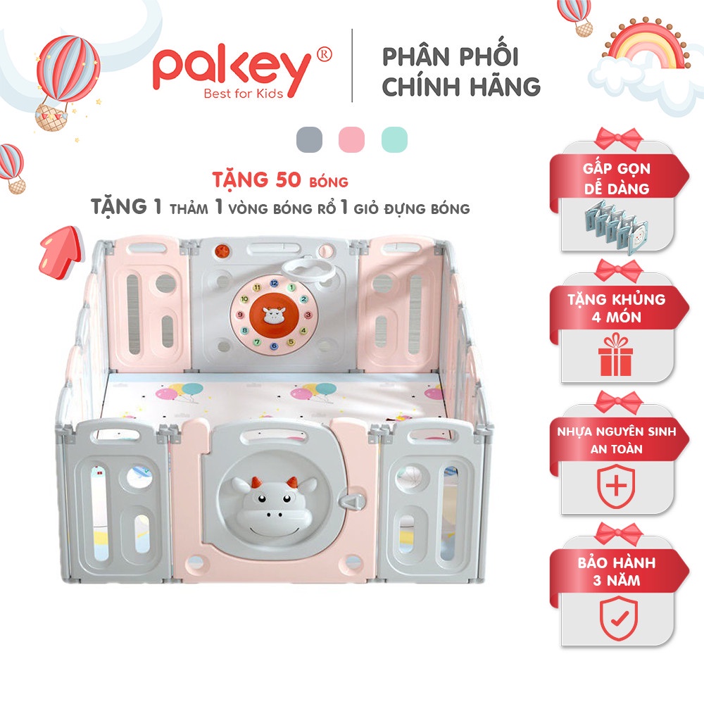 Quây Cũi Nhựa Gấp Gọn PAKEY Màu Hồng +TẶNG Thảm + Bóng + Giỏ, Quây Nhựa Cho Bé Gái Cực Chắc Chắn Cao 60cm