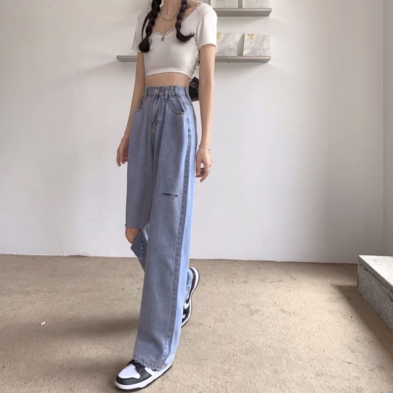 Quần jean ống xuông rách gối order taobao