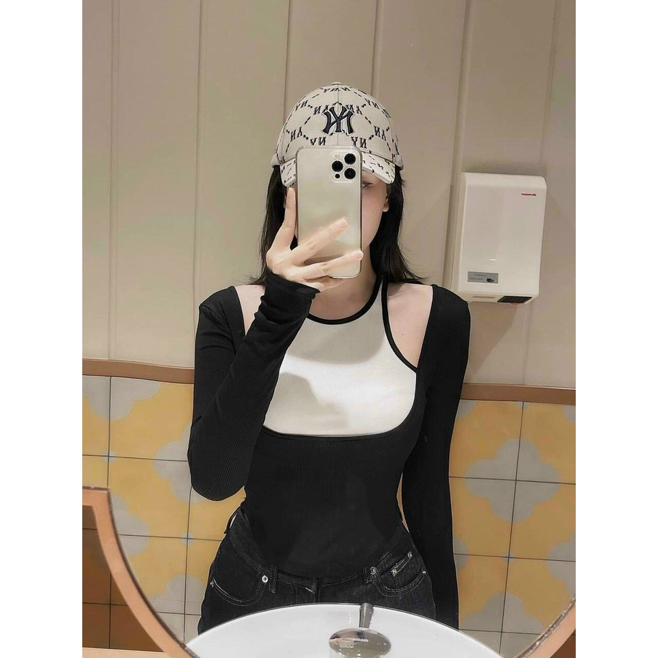 Áo thun nữ phối yếm dáng croptop chất thun gân kiểu tay dài