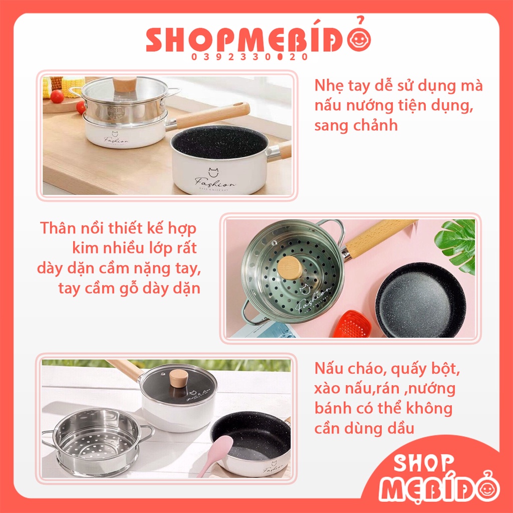 Bộ Nồi Chảo Ăn Dặm Nấu Cháo Quấy Bột Kèm Xửng Hấp Cho Bé Fashion Chống Dính Cao Cấp Tặng Kèm Quà Shop Mẹ Bí Đỏ