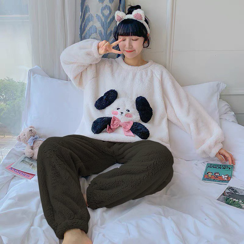 Bộ lông cừu 2 mặt mặc nhà mùa đông siêu ấm. Sét bộ ngủ hoodie phối hình gấu Cute thời trang Hàn Quốc. METSHOP | BigBuy360 - bigbuy360.vn