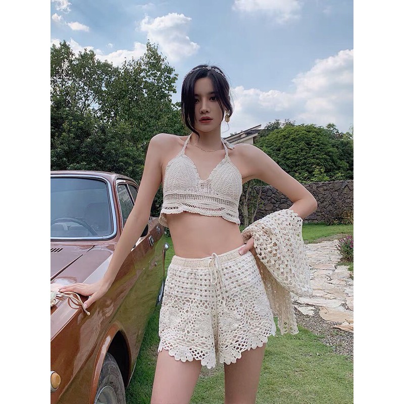 Ren 18-set bikini ren đi biển - set 3 món - bra gấu sóng + quần ren sọc hoa to + choàng tim chui đầu