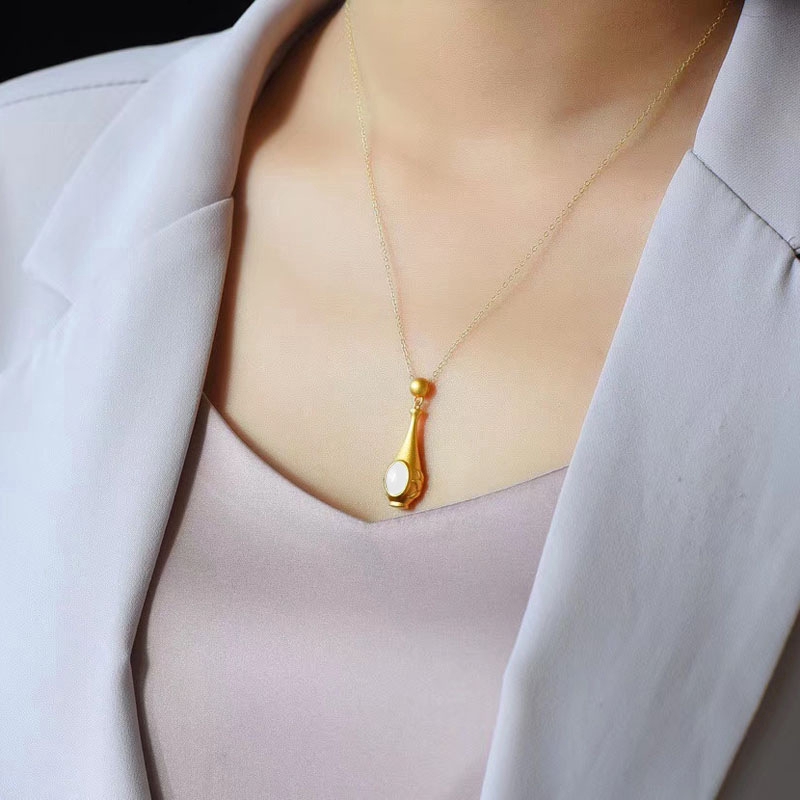 Tự Nhiên Bích Hetian Ngọc Trắng Điềm Lành Bình Hoa Mặt Dây Chuyền Vintage S925 Dát Vàng Xanh Chalcedony Vòng cổ