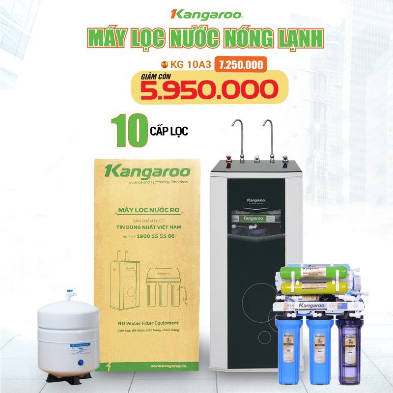 Máy lọc nước RO nóng lạnh Kangaroo KG10A3 10 lõi Chính Hãng 100% ,hệ thống 10 cấp lọc mang lại nước tinh khiết