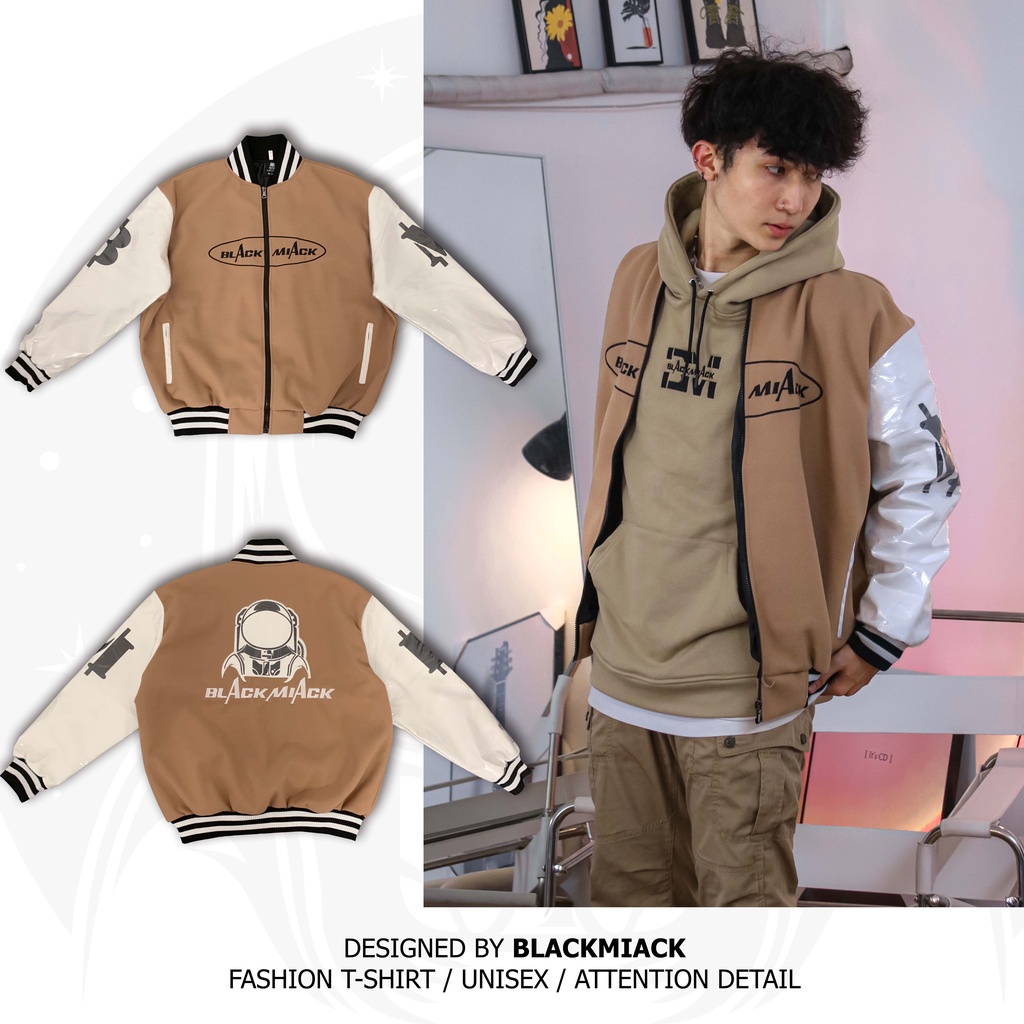 Áo Khoác Bomber Varsity Nỉ Dạ, tay Da, Full Thêu BLACKMIACK Varsity Jacket BM1