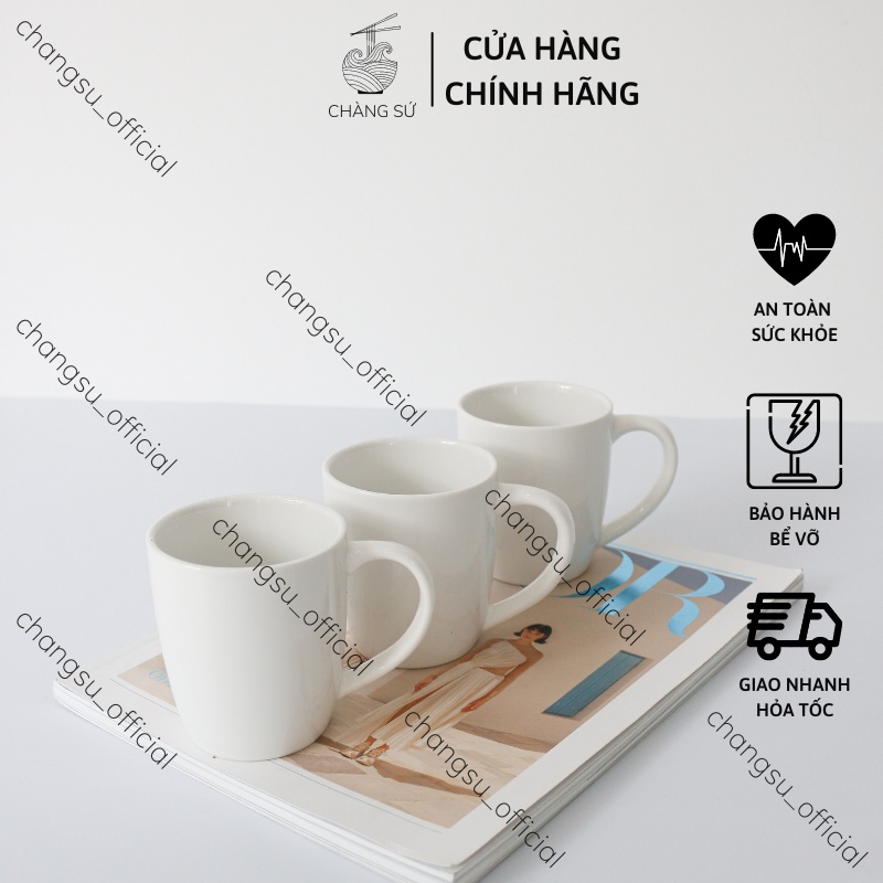 Bộ cốc sứ trắng 6 cốc uống nước có quai CN04 sứ Minh Châu - Vỡ 1 đổi 1 - In theo yêu cầu