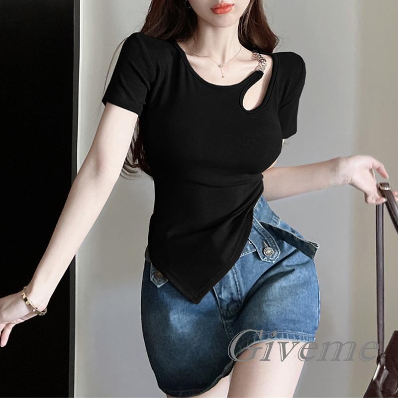 Áo Thun Tay Ngắn Phối Dây Xích Kim Loại Thời Trang Xuân Hè Cho Nữ