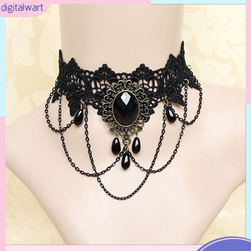 Vòng cổ choker thiết kế ren phối đá quý nhân tạo đen cá tính phong cách gothic dành cho nữ