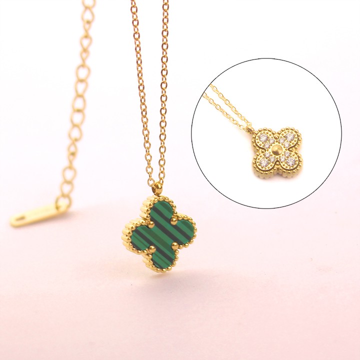 Dây chuyền nữ titan hoa L V 4 cánh đính đá mặt xanh siêu đẹp, bền màu, chuẩn thời trang