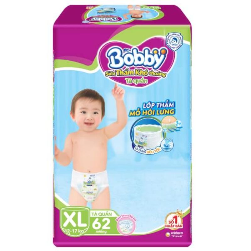 BỈM - TÃ QUẦN BOBBY SIZE XL - 62 MIẾNG (CHO BÉ 12 - 17KG)