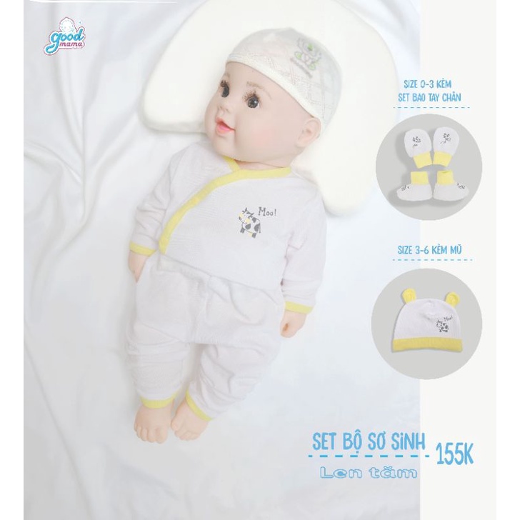 Goodmama - SET Bộ dài tay cài chéo vải tăm tặng kèm mũ, bao tay chân