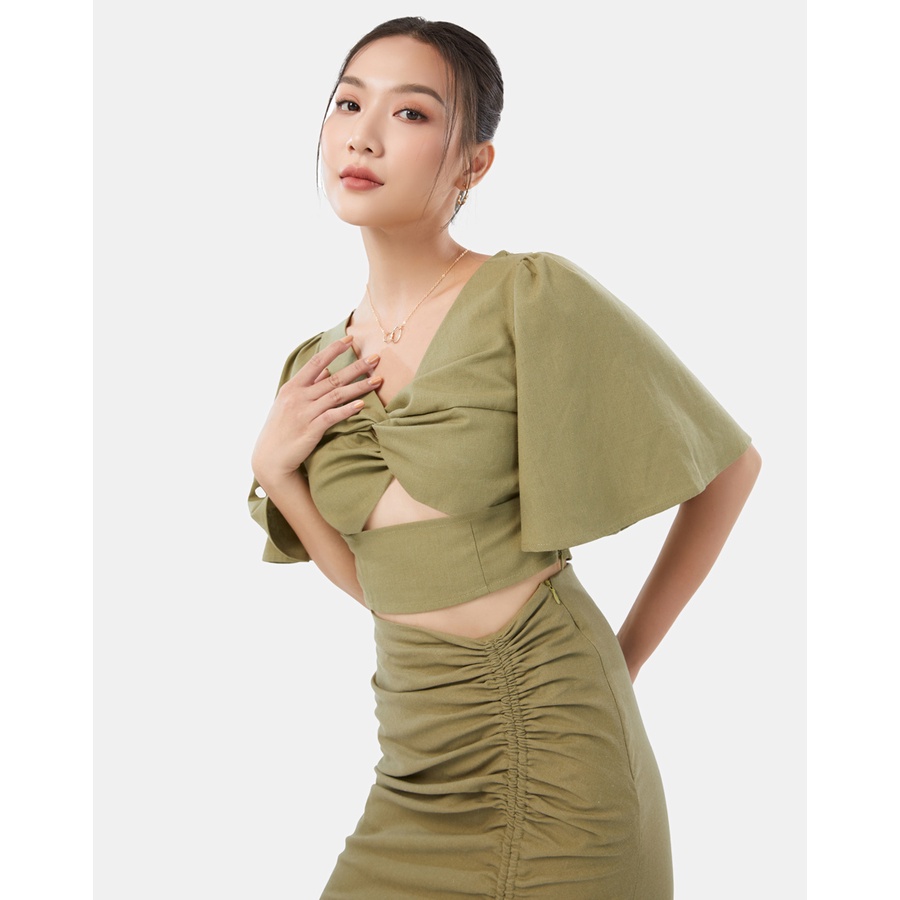 Áo Xoắn Nữ Thời Trang JUNO Cổ V Tay Cánh Tiên JNAKI012