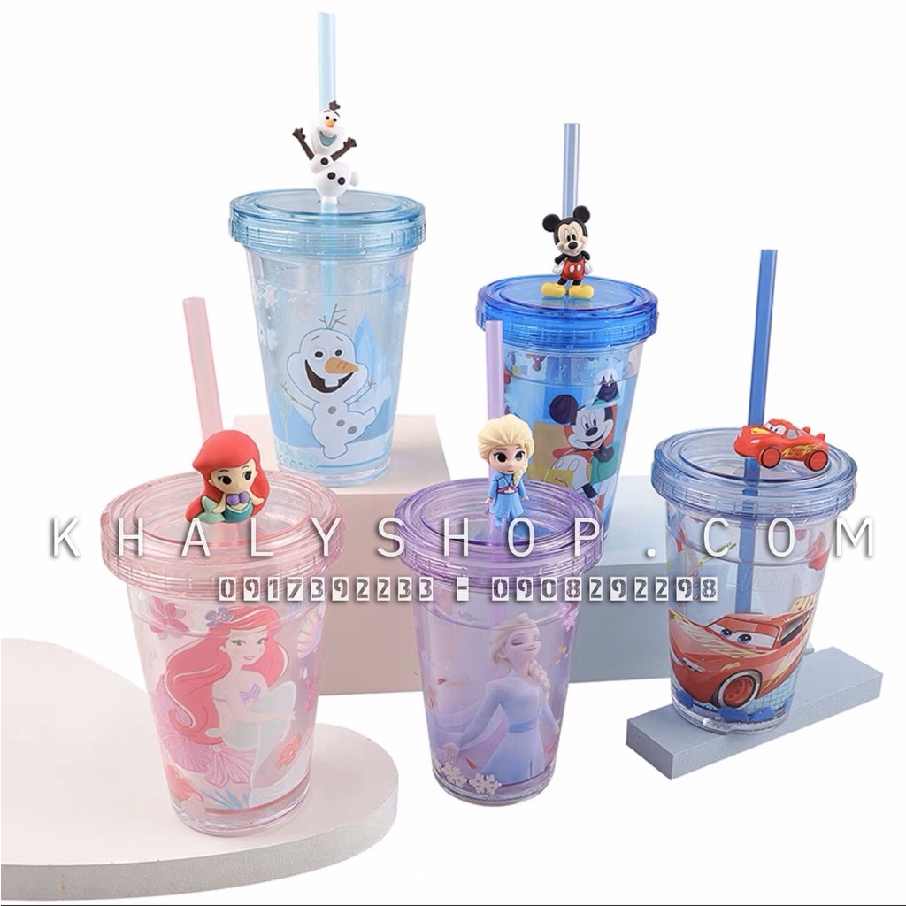 Ly pha lê 2 lớp kim tuyến vật nổi kèm ống hút 3D hình Car95 , Frozen cho các bé - (Disney)