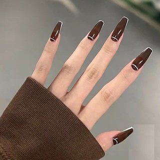 Móng tay giả nail box màu nâu đen kẻ viền (bộ 24 móng) 💖 SẴN KEO DÁN 💖
