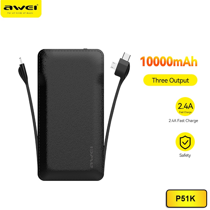 Pin Sạc Dự Phòng Awei P51k Dung Lượng 10000mah Tích Hợp Cáp Dữ Liệu Truyền 3 Trong 1 Đầu Ra Cổng Type-C