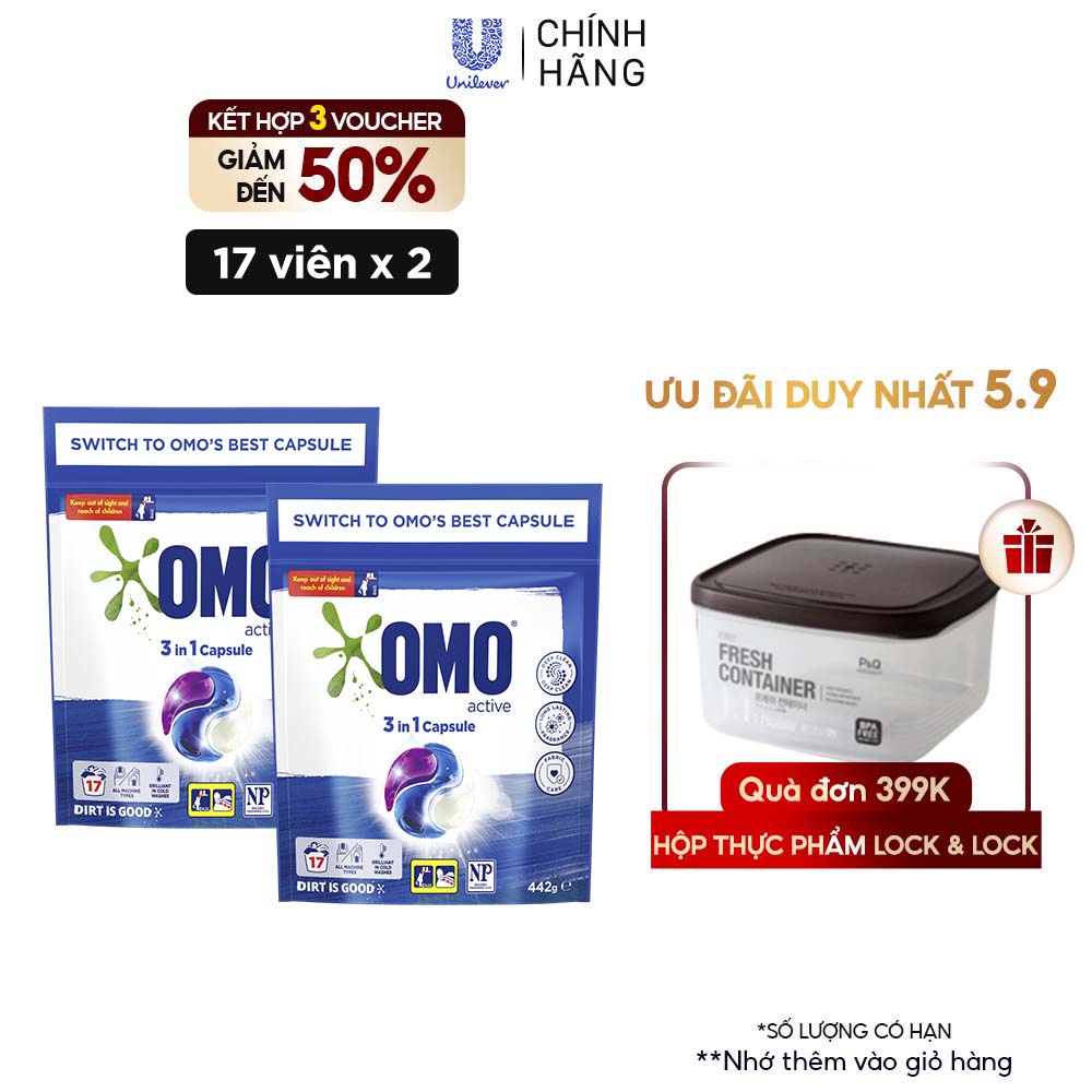 Combo 2 Túi Viên Giặt Tiện Lợi OMO Công Nghệ Anh Quốc - Bền Màu (17 Viên/Túi)