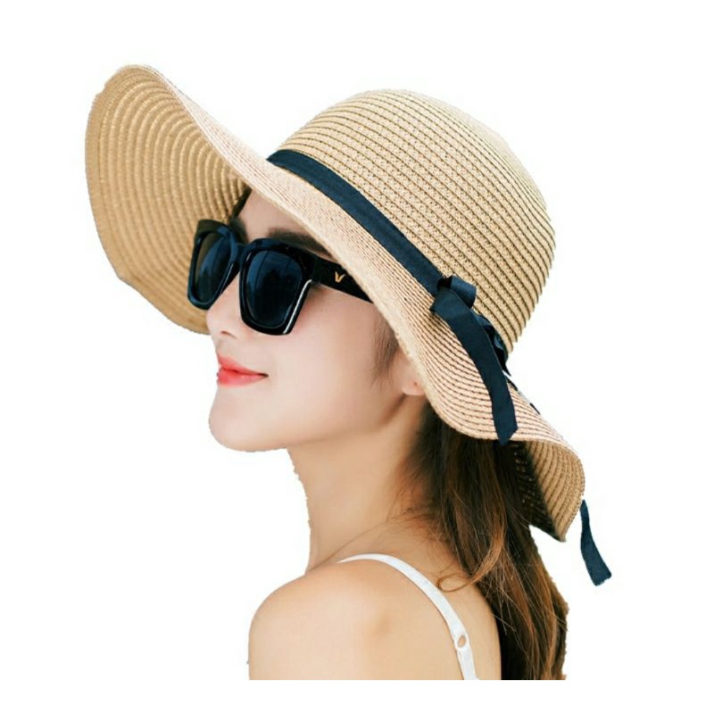 Mũ đi biển cói nón rộng vành chống nắng UV phối dây đen