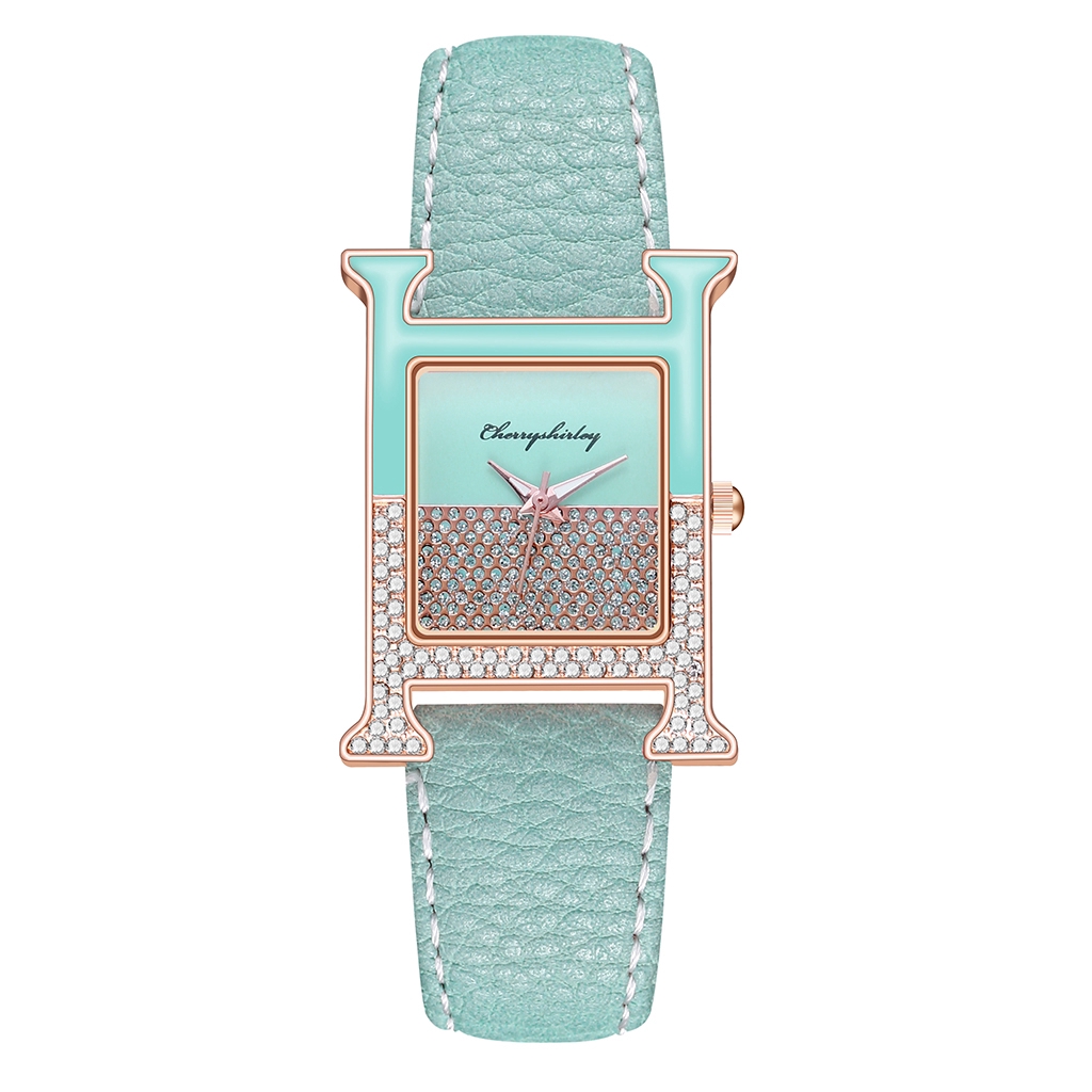 Đồng hồ Nữ dây da mặt vuông đính kim cương giả máy Quartz hợp thời trang sang trọng