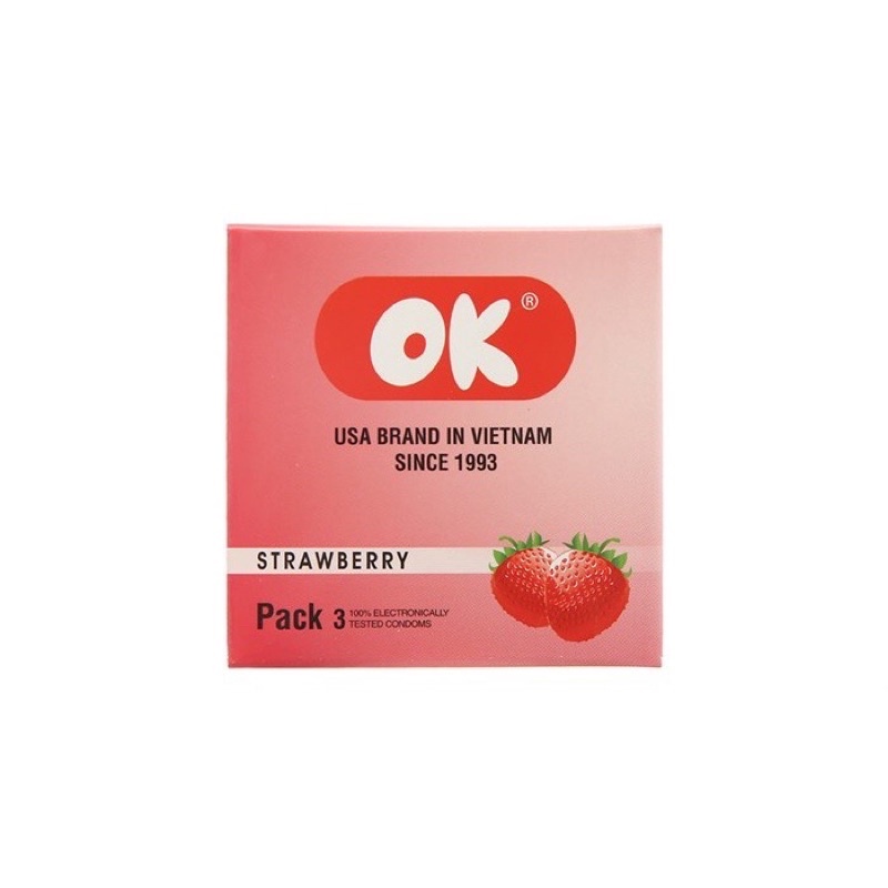 Bao Cao Su OK Hương Dâu Tây Strawberry 49mm - Hộp 3 hoặc 1 bcs