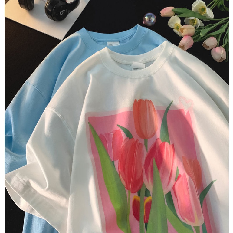 Áo Thun Tay Ngắn Họa Tiết Hoa Tulip Thời Trang Mùa Hè Mới Cho Nữ