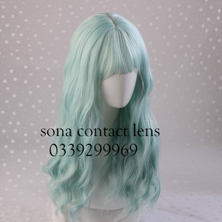 [có sẵn] Tóc Giả Xoăn Dài Màu Xanh Ngọc