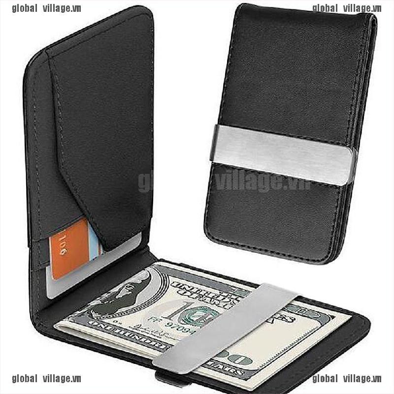 [global] Mens Genuine Leather Silver Money Clip Slim Wallets Black ID Credit Card Holder [village]