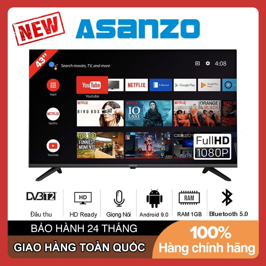 Smart Voice Tivi Asanzo 43 inch 43S51 Android 9.0, Full HD, Có Remote Giọng Nói, Chromecast built-in, DVB-T2