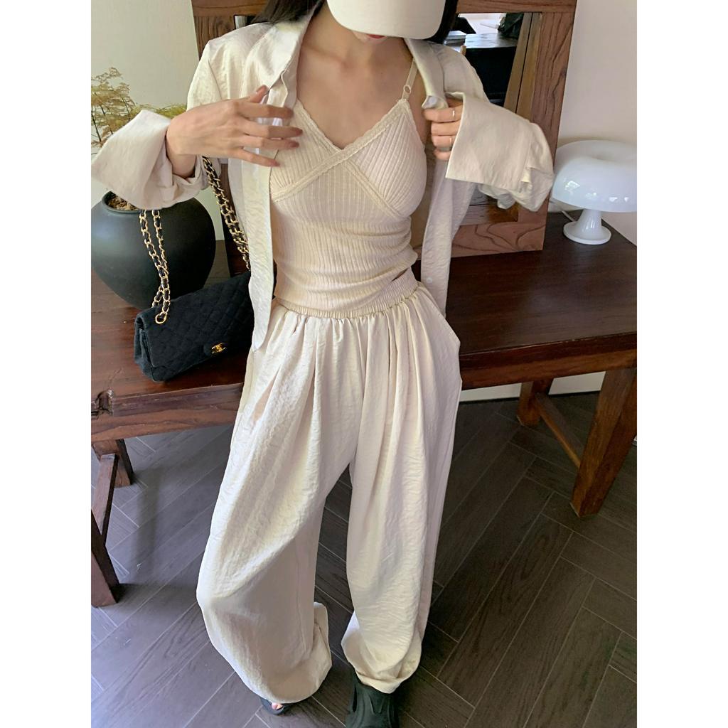 Set Áo Sơ Mi Tay Dài Phối Quần Dài Ống Rộng Thời Trang Trẻ Trung