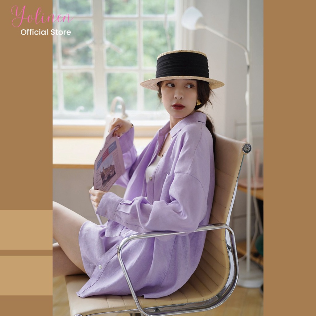 Set sơ mi nữ form rộng thả vai kèm quần short YOLINEN màu tím pastel dịu dàng, vải linen mềm mát