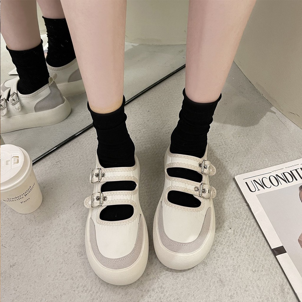 Giày vải bata nữ giayBOM đế bánh mì cao 3 cm quai khóa cài B1198