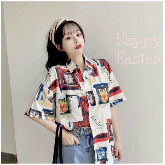 Áo sơ mi nữ form rộng tay lỡ in 3D Hình Ô Tranh, dáng ulzzang mặc cặp, nhóm cực sành điệu SMH.42