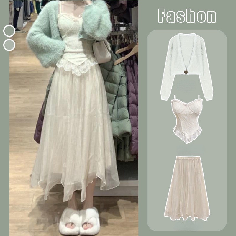 Set Áo Khoác Cardigan + Áo Hai Dây + Chân Váy Lưới Thời Trang Hàn Quốc Mới Cho Nữ