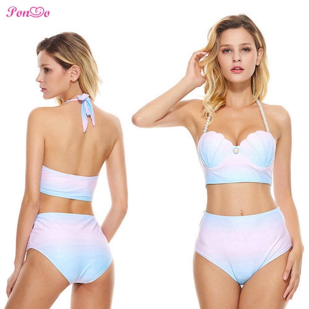 Bộ Đồ Bơi 2 Mảnh Màu Gradient Hình Vỏ Sò + Quần Short Cho Nữ