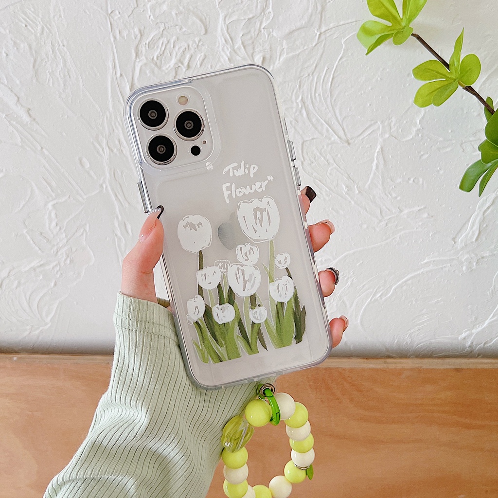 Ốp Điện Thoại Tpu Dẻo Trong Suốt Họa Tiết Hoa Trắng Kèm Dây Đeo Ngọc Trai Sang Trọng Cho iPhone 11 12 13 Pro XS Max XR