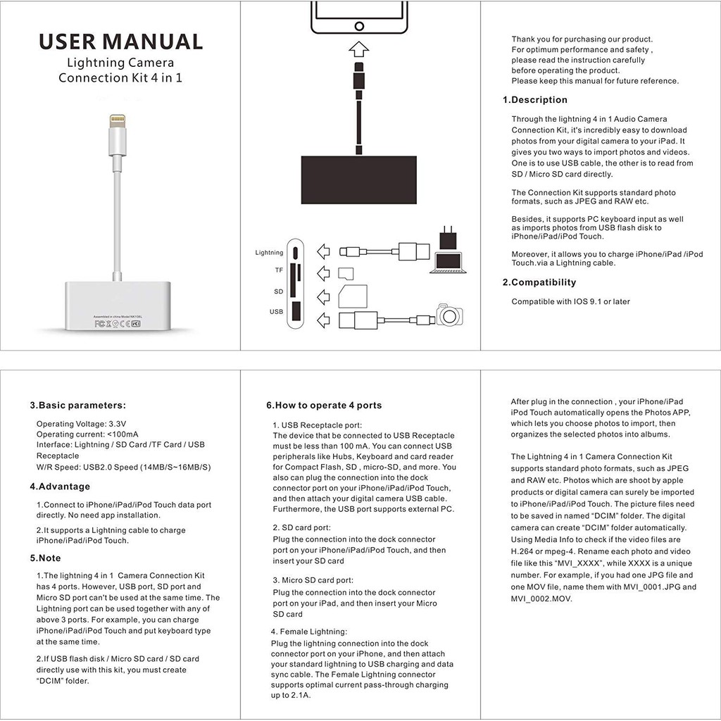 Lightning to USB Camera Adapter Kit iPhone iPad SD TF Card Reader OTG Adapter