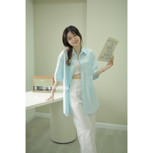 Áo Sơ Mi Nữ/ Váy Sơ Mi Tay Ngắn Dáng Rộng Hàn Quốc Trendy Màu Hồng Hot Pink Xanh Pastel - Minipie