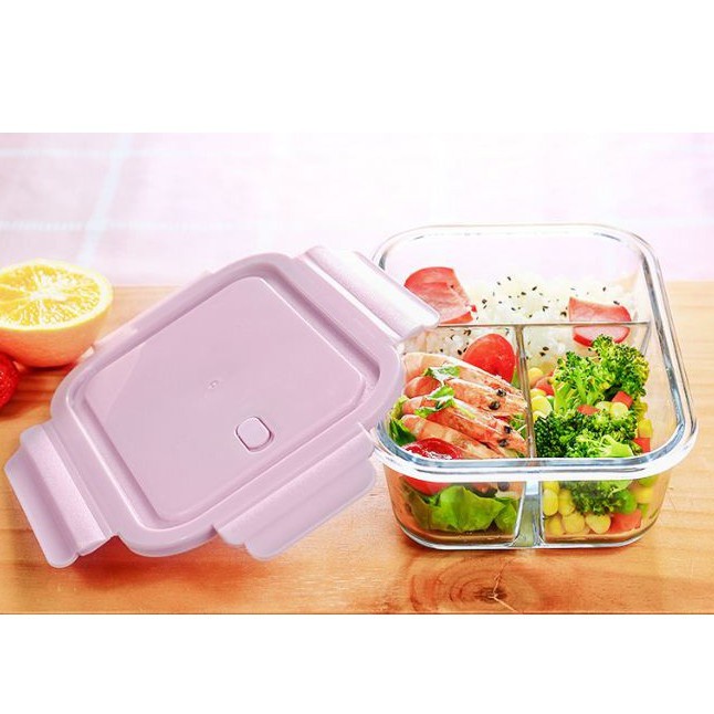 Hộp Cơm Thủy Tinh 3 Ngăn, Hộp Cơm Văn Phòng Đựng Thức Ăn Cao Cấp, Tiện Lợi