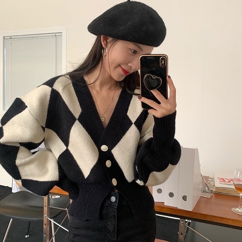 Áo khoác cardigan dệt kim ZHELIHANGFEI tay phồng cổ chữ V kiểu dáng thời trang cho nữ