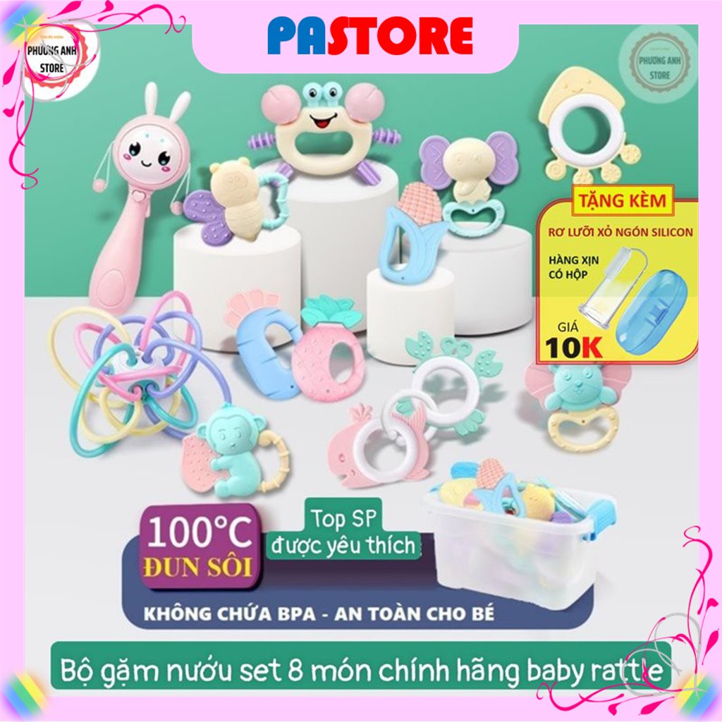 BỘ GẶM NƯỚU LỤC LẠC SILICON SET 8 MÓN CÓ HỘP CHO BÉ FREESHIP XTRA HÀNG CHÍNH HÀNG BABY RATTLE CAO CẤP