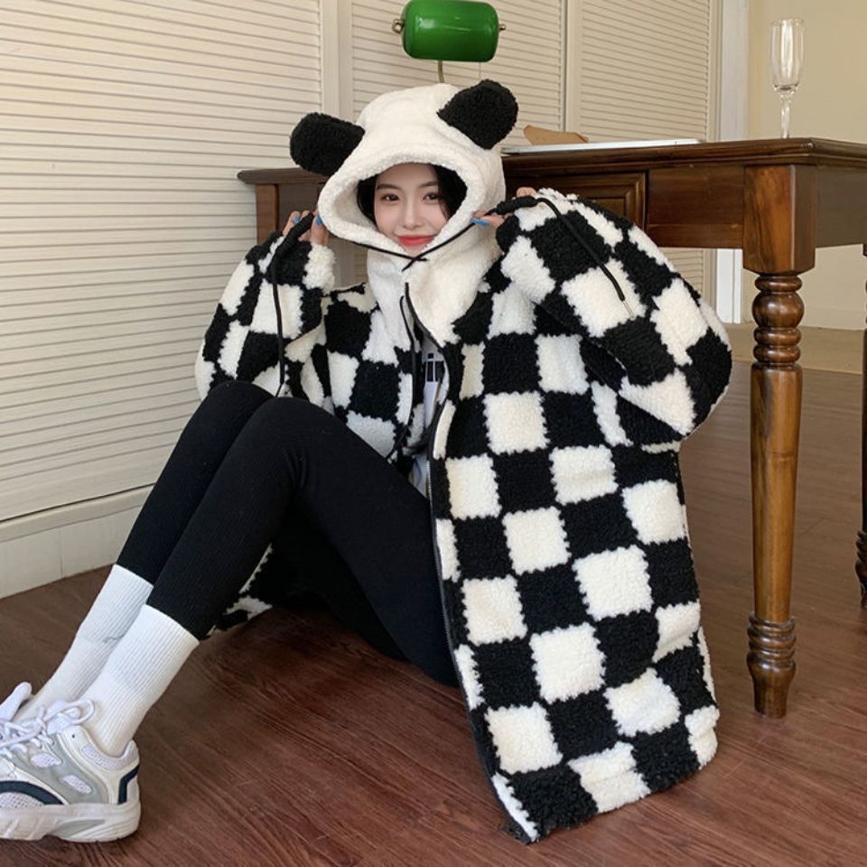 Jiashucheng Áo Khoác Len Lông Cừu Giả Có Mũ Trùm Đầu Dày Dặn Họa Tiết Ca Rô Trắng Đen Phong Cách Mới Dành Cho Bạn Nữ