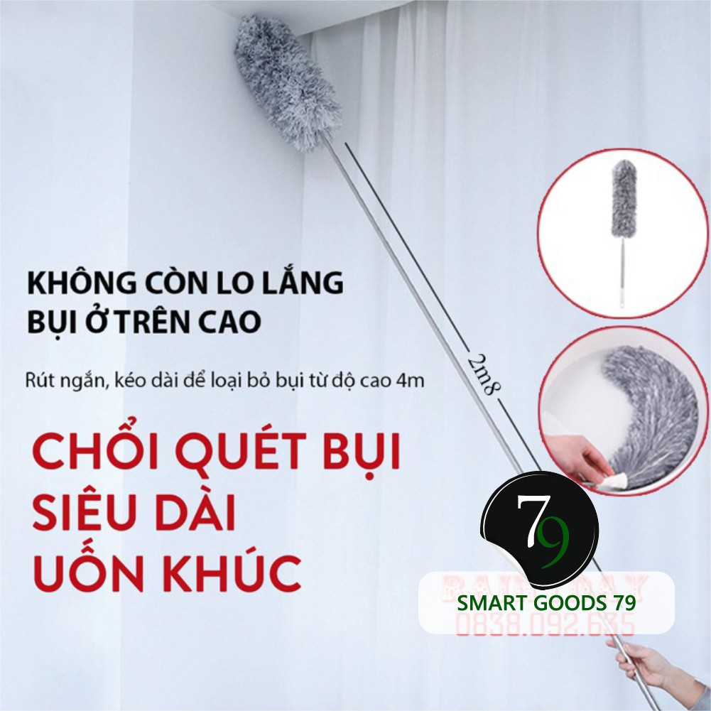 [Freeship hàng cao cấp 288] Cây chổi lông quét lau bụi mạng nhện trần nhà đa năng cán dài inox rút gọn gập được 90 độ