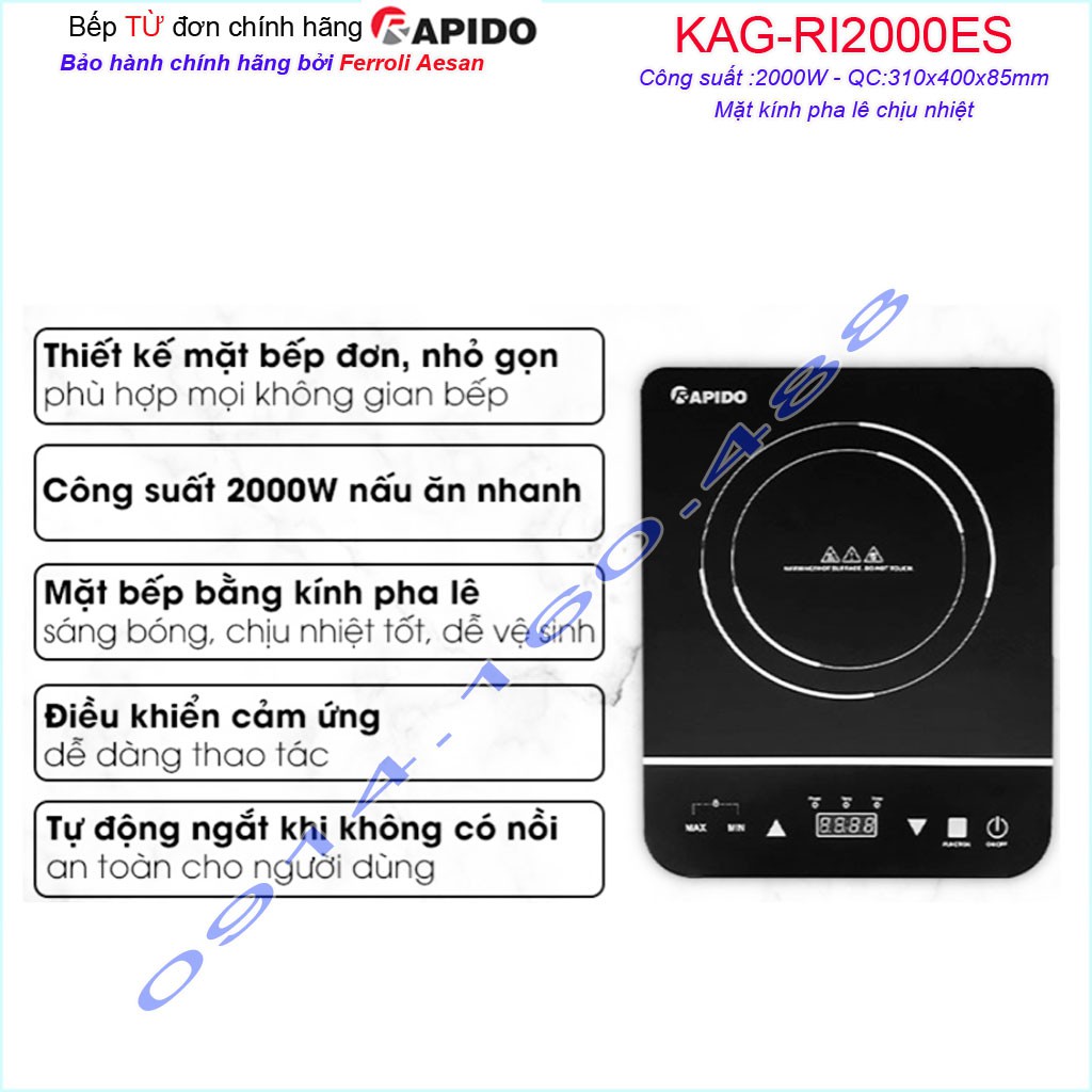 Bếp điện từ đơn Rapido KAG-RI2000ES, sales 50% bếp từ đơn nấu nhanh ít hao điện sử dụng tiện lợi