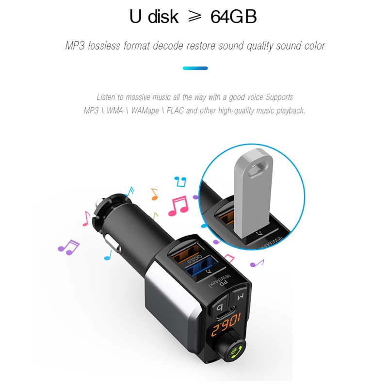 Máy Phát MP3 Kết Nối Bluetooth Cầm Tay Cổng USB 18W PD Tiện Dụng Cho Xe Hơi