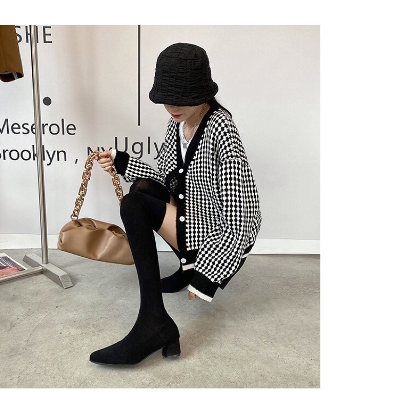 Bốt đùi nữ chất len co giãn ôm chân không tụt gót vuông cao 5cm